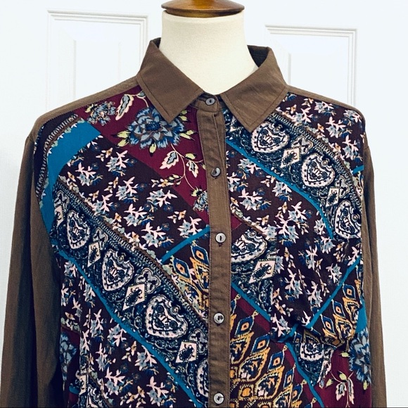 Oddy Mixed Prints Floral Paisley Western Button Down Shirt Womens Sz M Boho - Picture 2 of 9